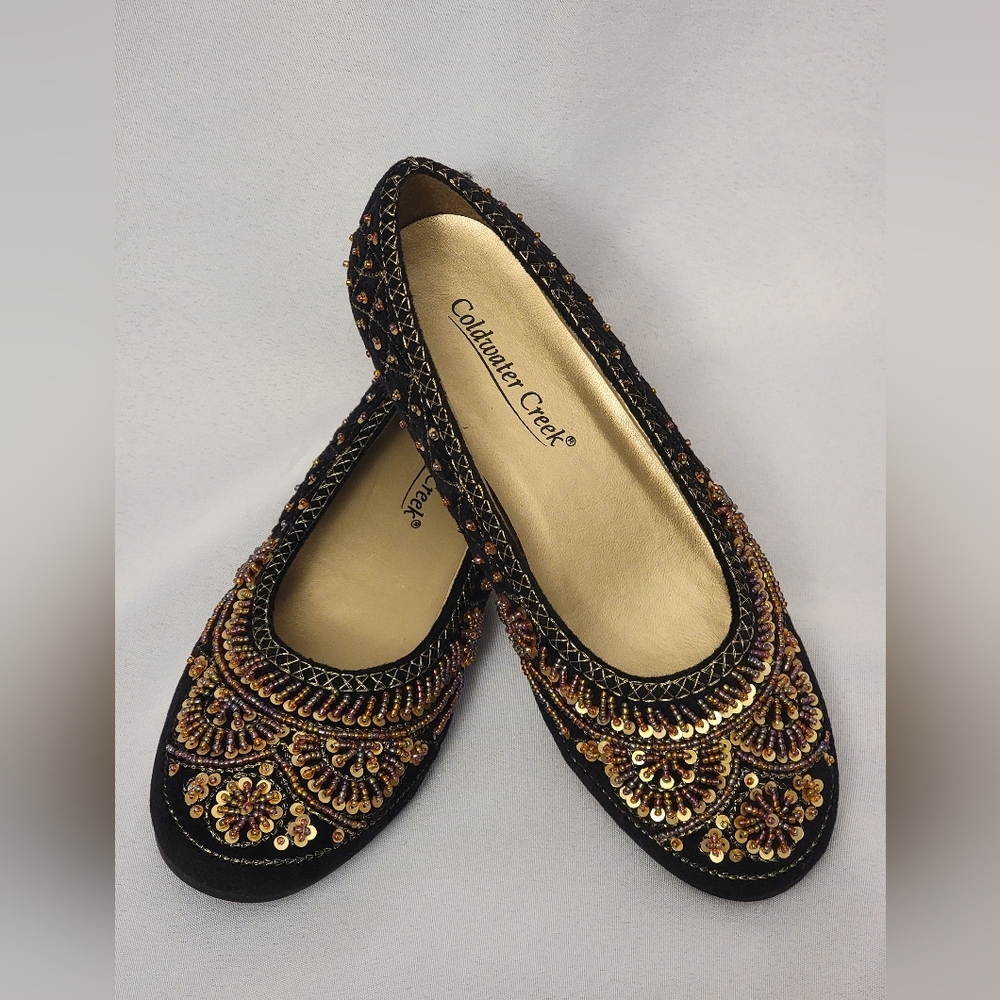 Coldwater Creek Black Flats with Gold Embellishments Size 6